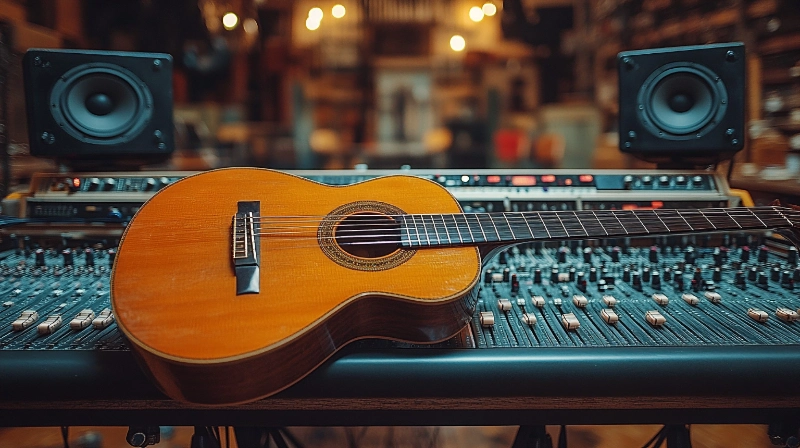 Acoustic guitar and professional recording equipment in music studio during production session