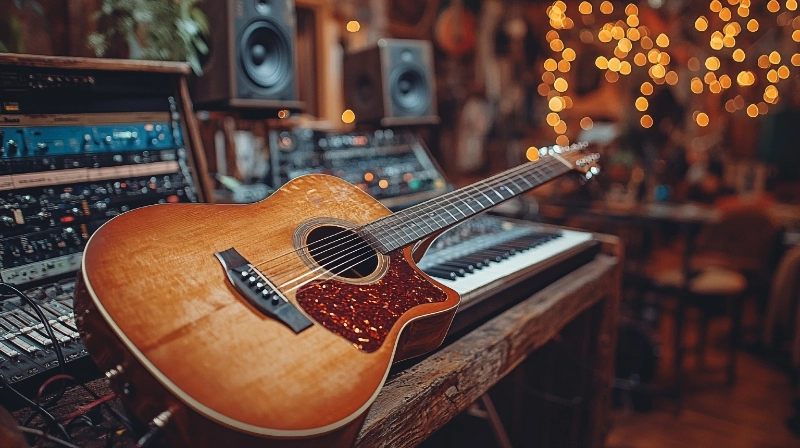 Acoustic guitar and recording equipment in music studio