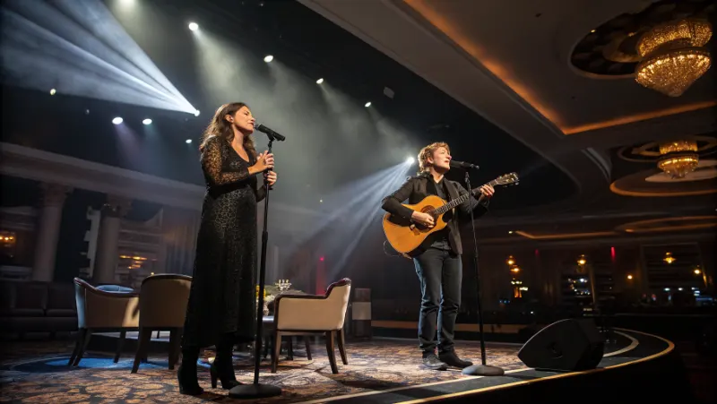 Acoustic duo performing musical theater tribute on elegant casino showroom stage with dramatic lighting