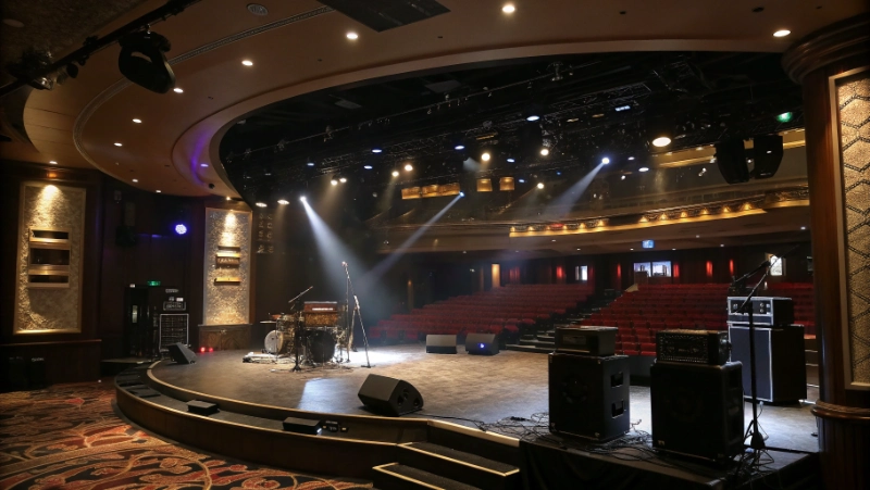 Empty casino lounge stage with professional lighting and sound equipment ready for acoustic performance