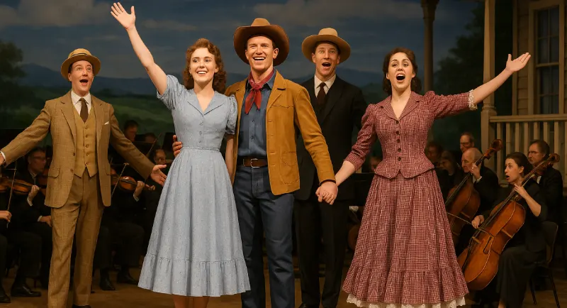 Musical theater tribute performers in costume presenting classic American stage production with orchestra