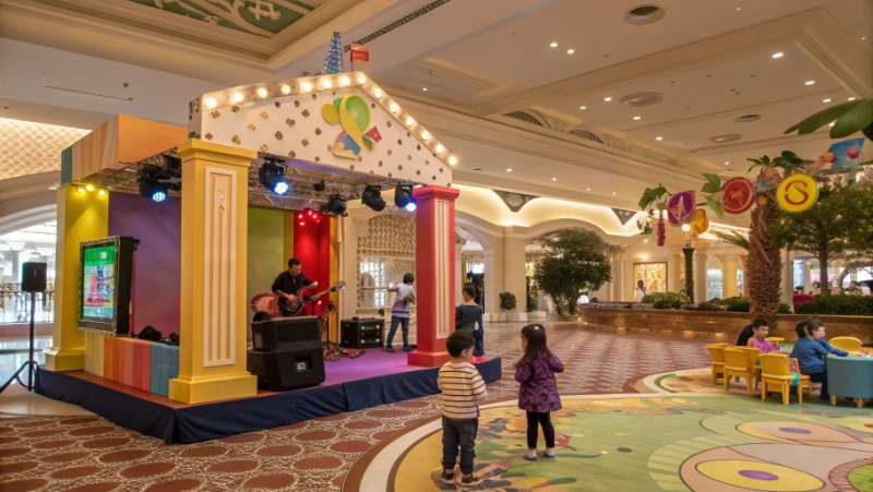 Colorful children's entertainment zone in casino resort with stage and interactive music performance space