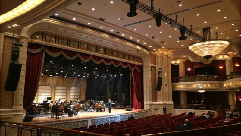 Professional theater stage in casino venue with full lighting rig and orchestra pit ready for musical performance